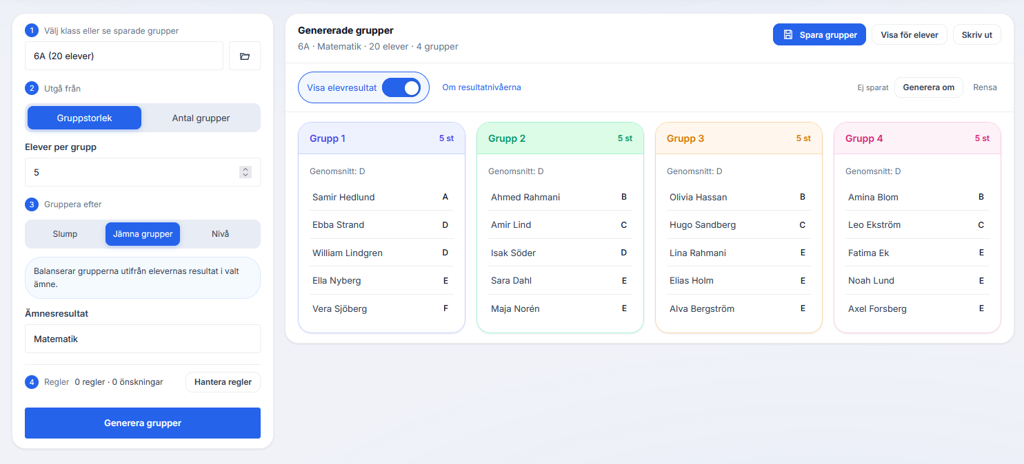 Gruppgenerator som visar balanserade elevgrupper