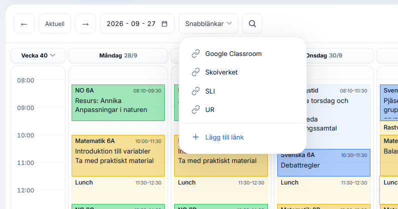 Snabblänkar till Google Classroom, Skolverket, SLI och UR i veckoplaneringen