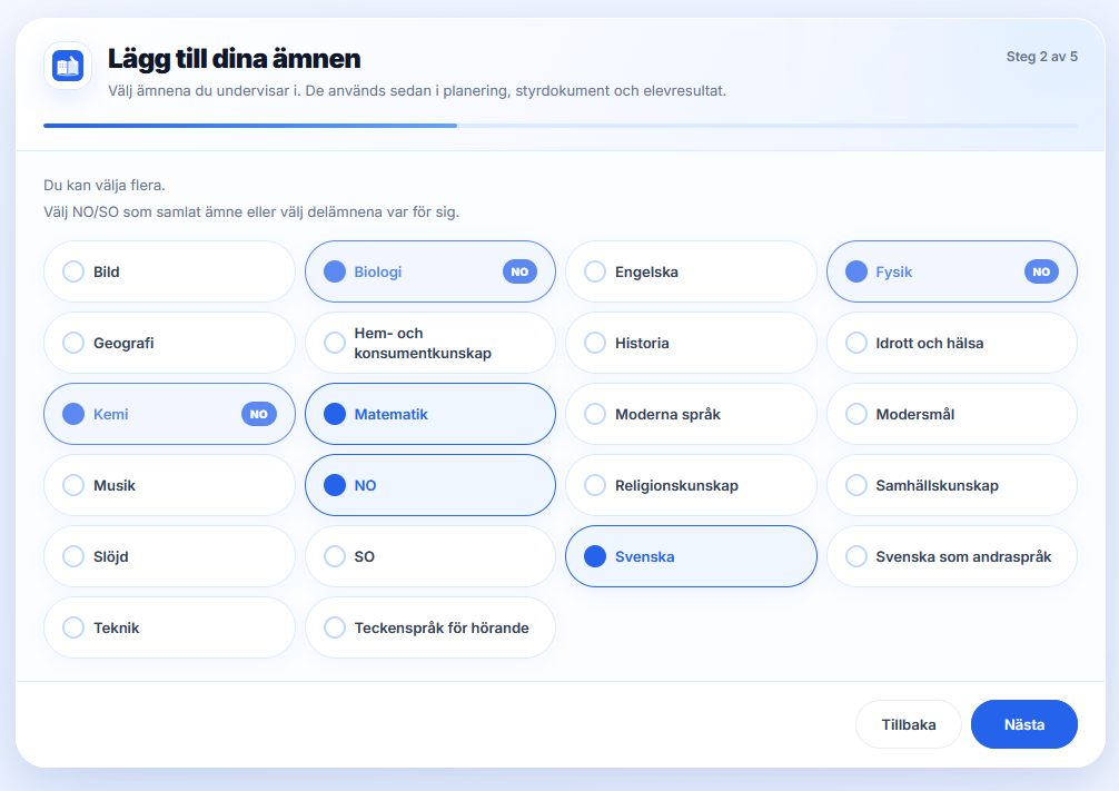 Val av ämnen i den guidade starten