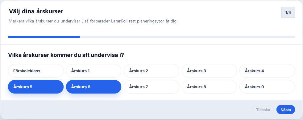 Guidad start för att välja årskurser i LärarKoll