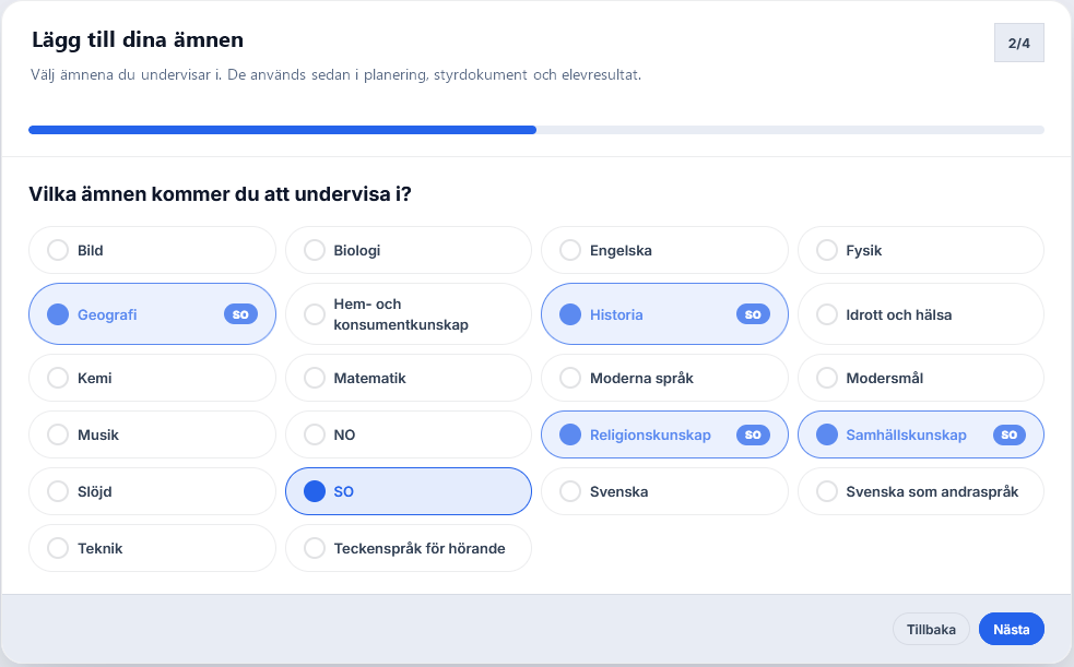 Guidad start för att välja undervisningsämnen i LärarKoll