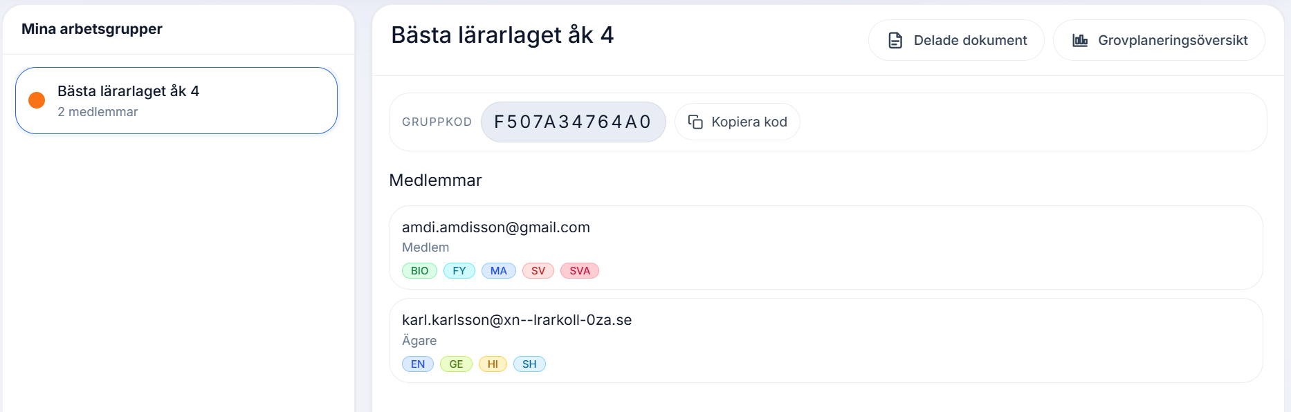 Arbetsgrupp med medlemmar och ämnesetiketter