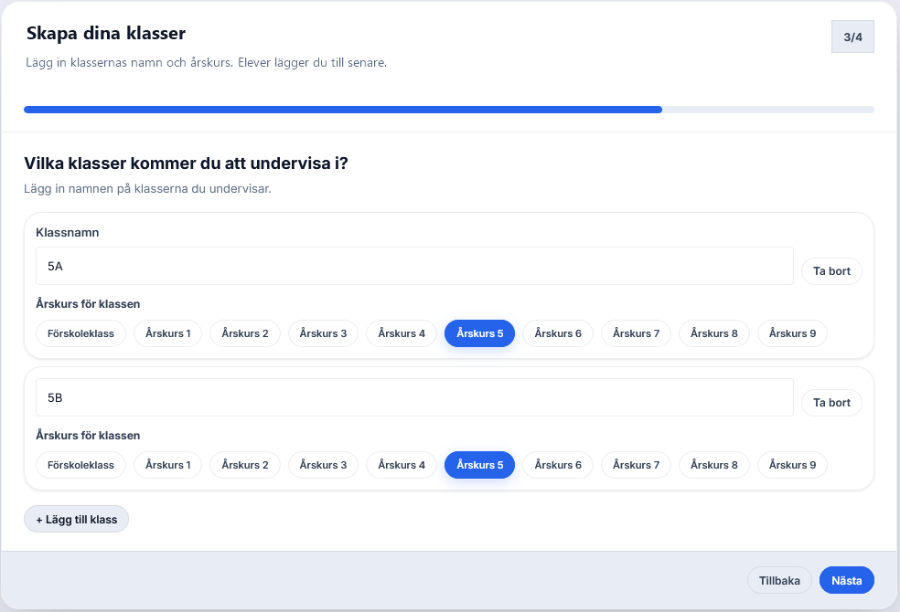 Guidad start för att lägga till klasser och årskurser i LärarKoll