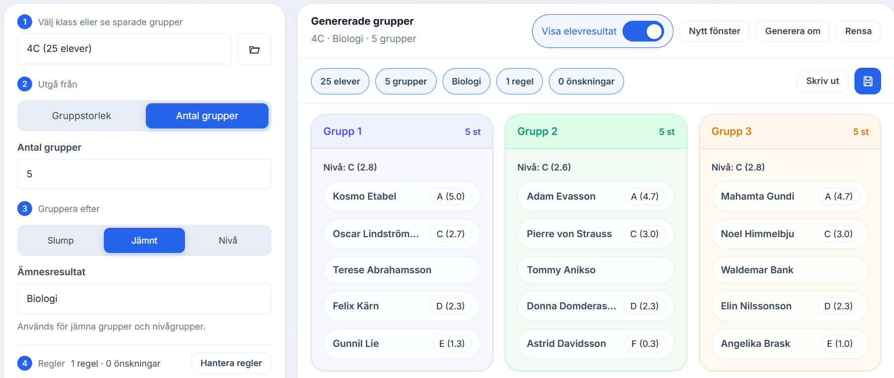 Gruppgenerator som visar balanserade elevgrupper